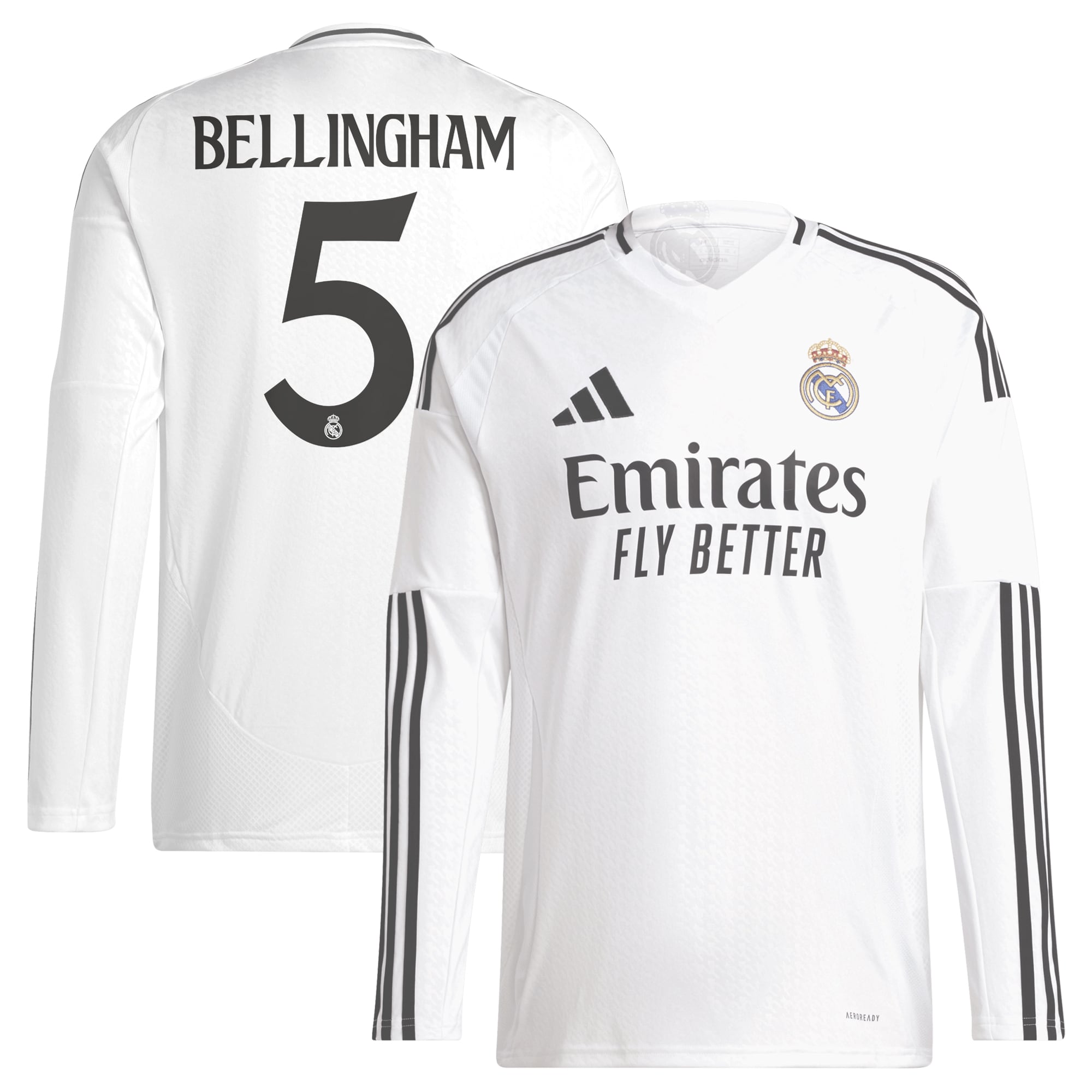 Jude Bellingham Real Madrid Adidas 2024 25 Home Long Sleeve Player Jersey - White Official Team Jersey Sports Fan Apparel