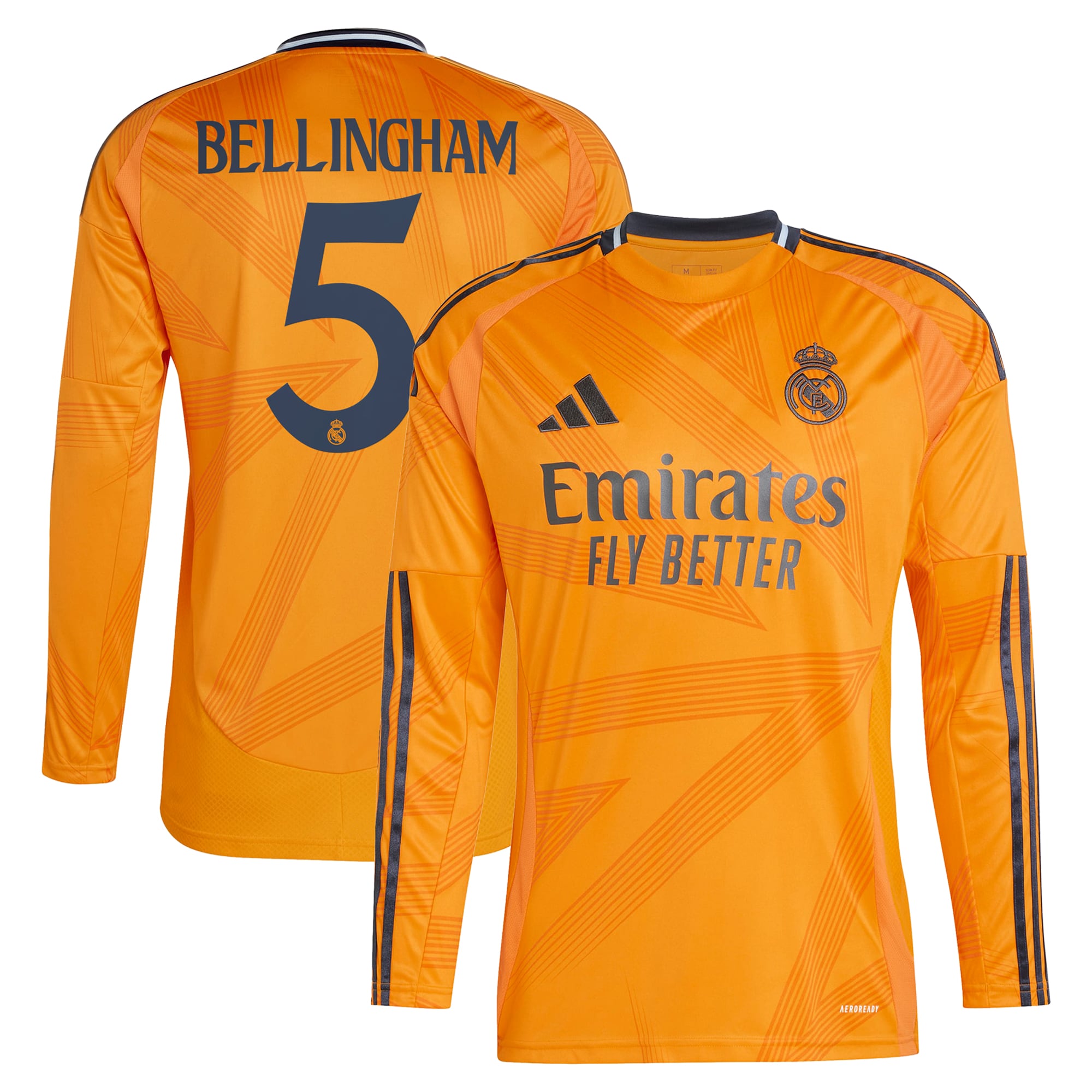 Jude Bellingham Real Madrid adidas 2024 25 Away Long Sleeve Player Jersey - Orange Official Team Jersey Sports Fan Apparel