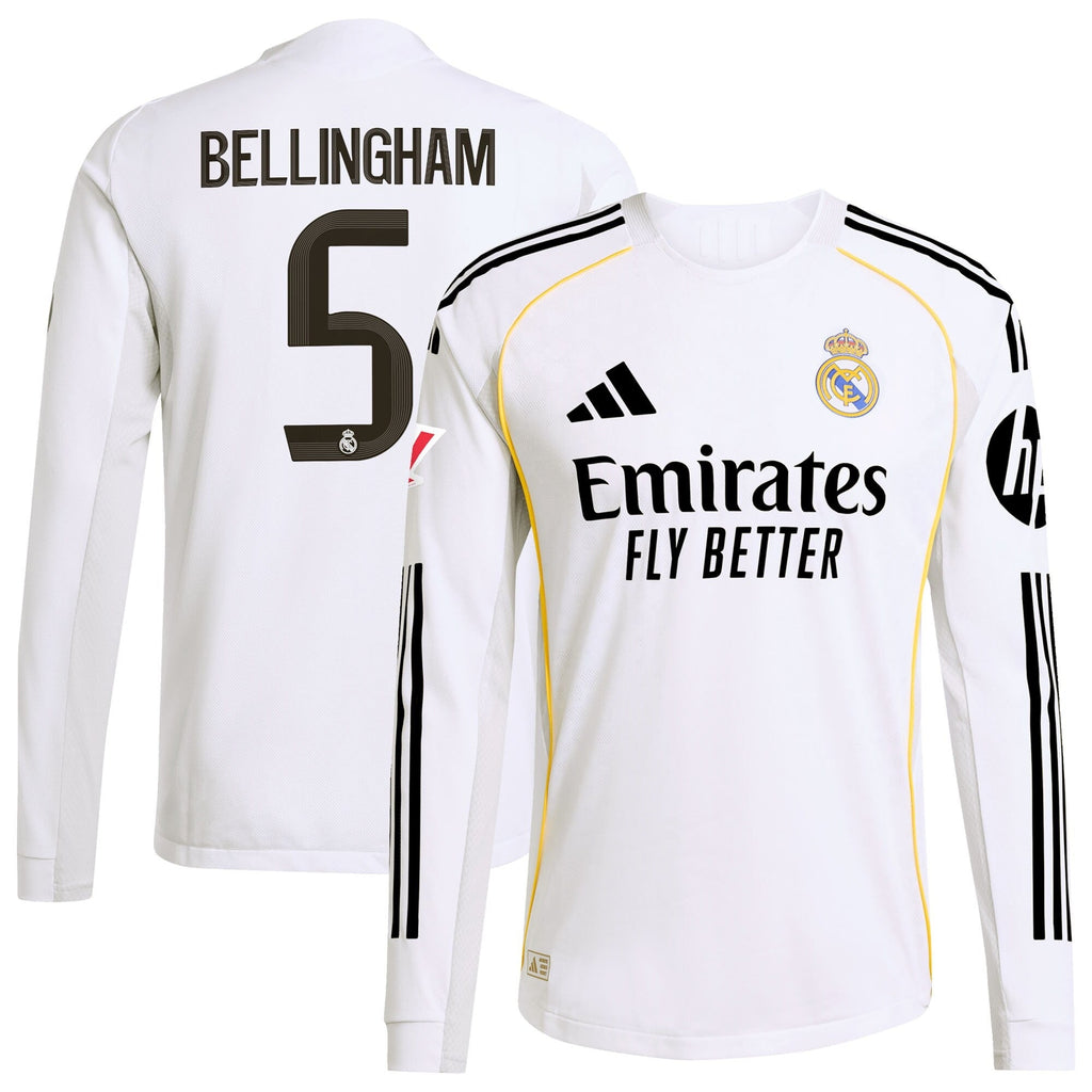 Jude Bellingham Real Madrid adidas 2025 26 Home Long Sleeve Jersey - White Official Team Jersey Sports Fan Apparel