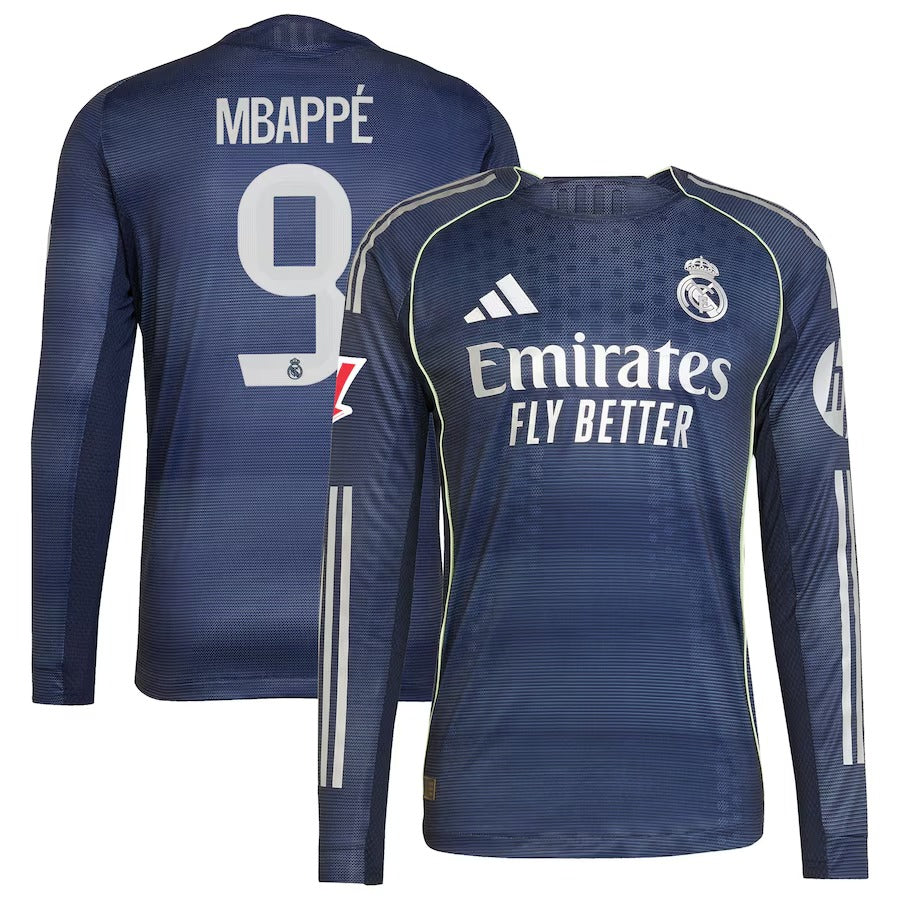 Kylian Mbappé Real Madrid adidas 2025 26 Away Long Sleeve Player Jersey - Blue Official Team Jersey Sports Fan Apparel