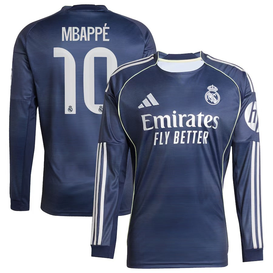 Kylian Mbappé Real Madrid adidas 2025 26 Away Long Sleeve Player Jersey - Blue Official Team Jersey Sports Fan Apparel