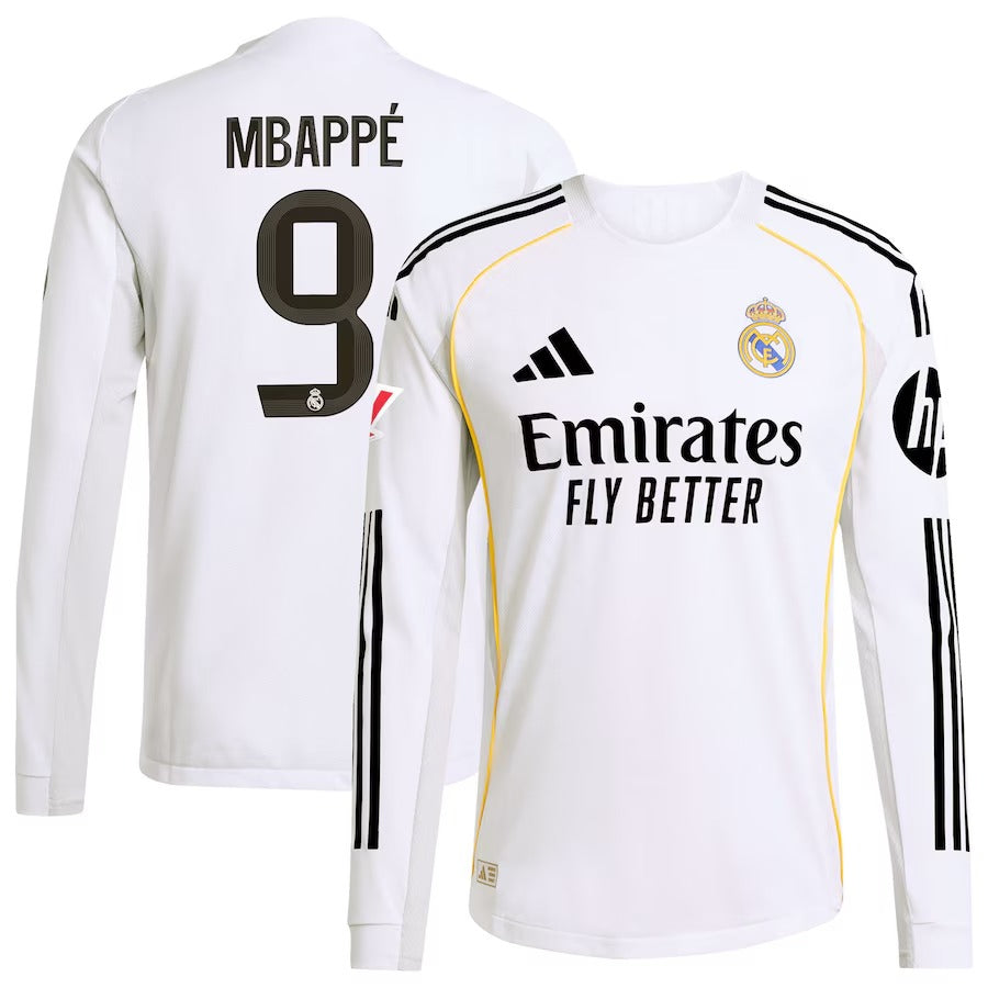 Kylian Mbappé Real Madrid adidas 2025 26 Home Long Sleeve Jersey - White Official Team Jersey Sports Fan Apparel
