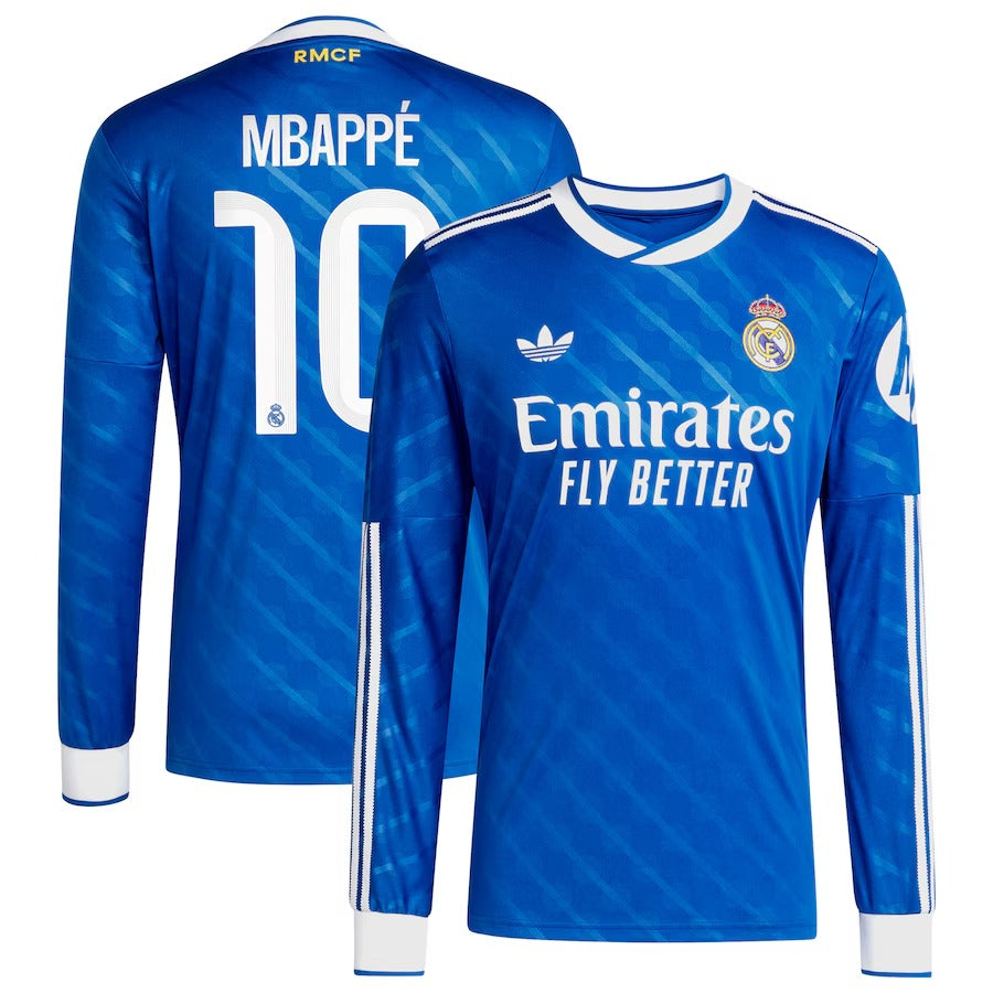 Kylian Mbappé Real Madrid adidas 2025 26 Third Long Sleeve Player Jersey - Blue Official Team Jersey Sports Fan Apparel