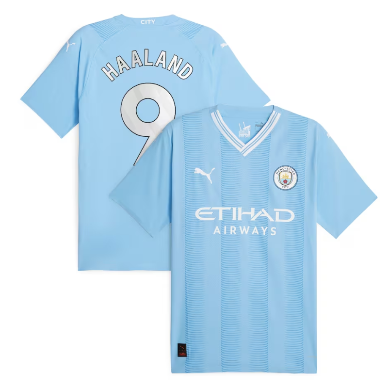 Manchester City Home Shirt 2023-24 with Player Haaland 9 printing - Blue Official Team Jersey Sports Fan Apparel