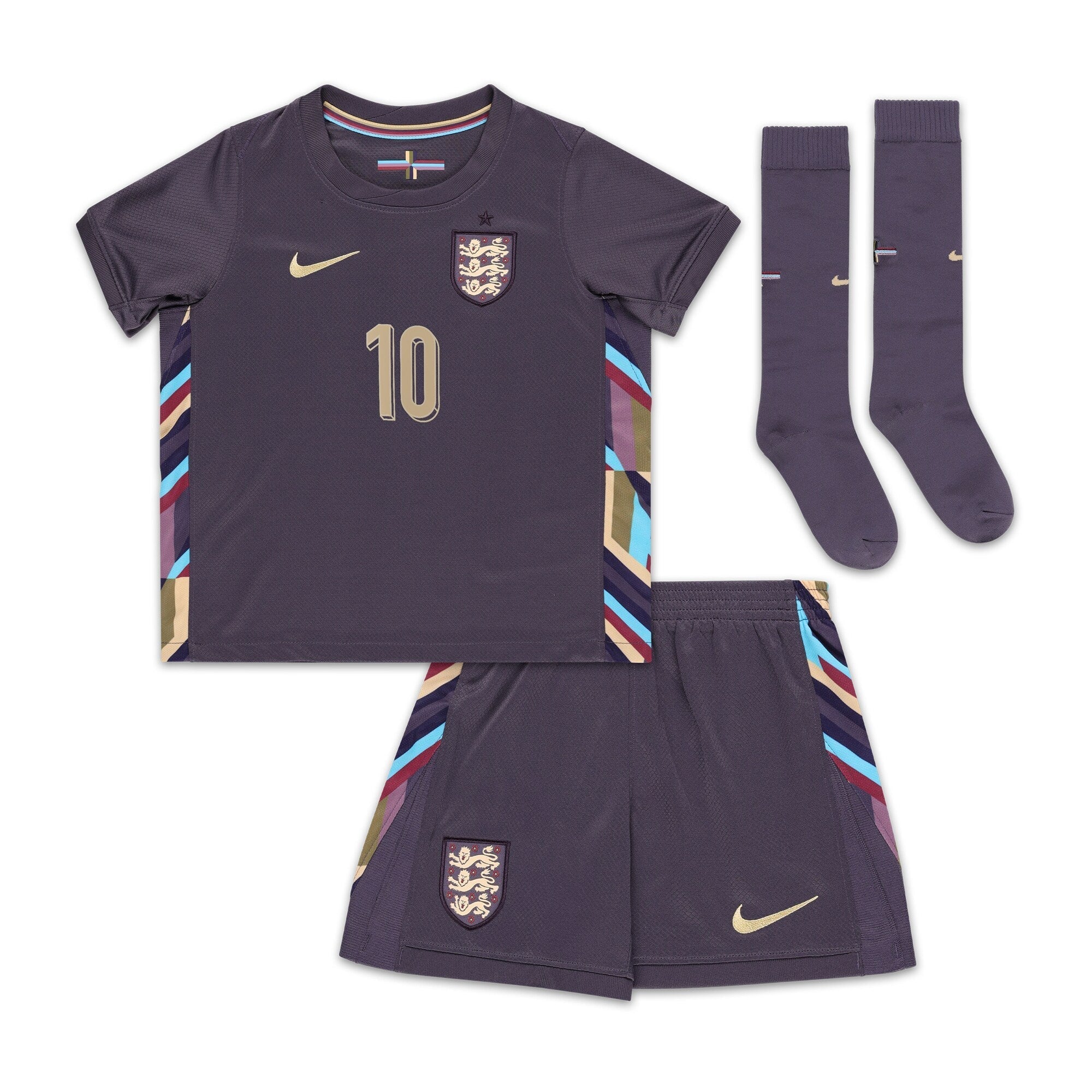 England Nike Away Stadium Mini Kit 2024 - Little Kids with Bellingham 10 printing Jersey - Purple Official Team Jersey Sports Fan Apparel