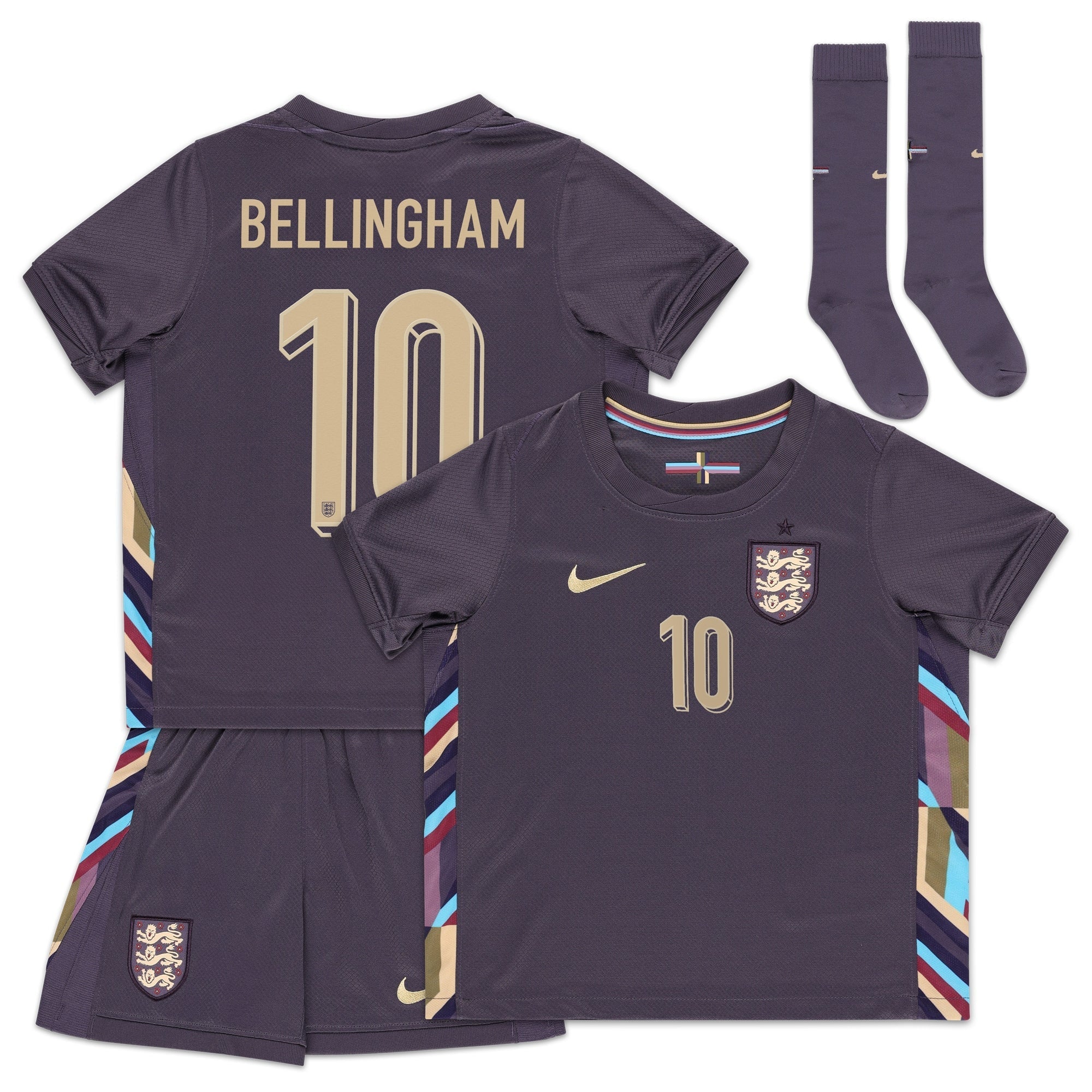 England Nike Away Stadium Mini Kit 2024 - Little Kids with Bellingham 10 printing Jersey - Purple Official Team Jersey Sports Fan Apparel