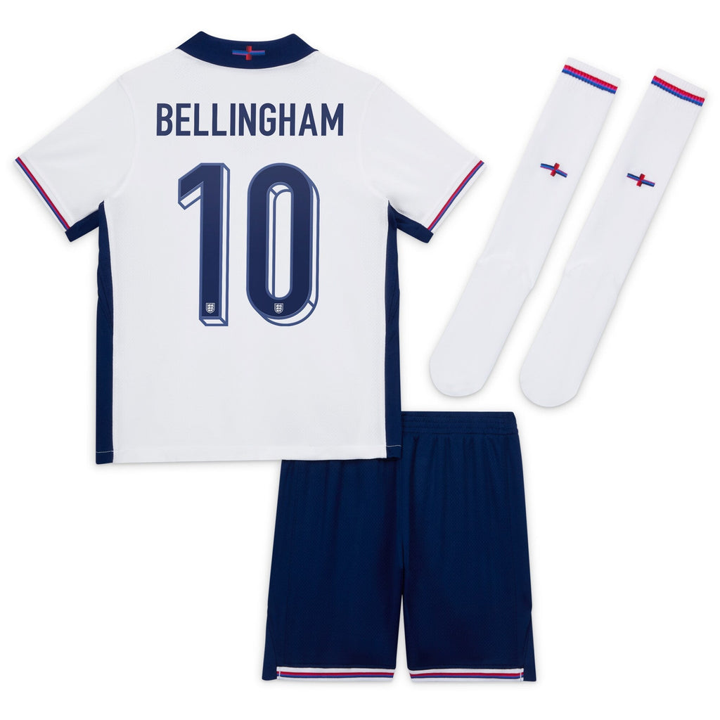England Nike Home Stadium Mini Kit 2024 - Little Kids with Bellingham 10 printing Jersey - White Official Team Jersey Sports Fan Apparel