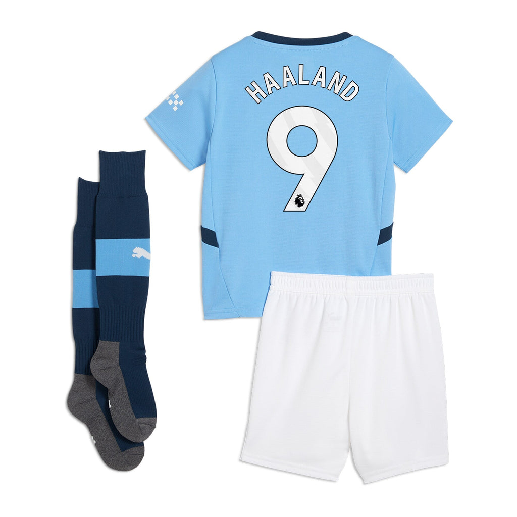 Manchester City PUMA Home Minikit 2024-25 with Haaland 9 printing Jersey - Blue Official Team Jersey Sports Fan Apparel