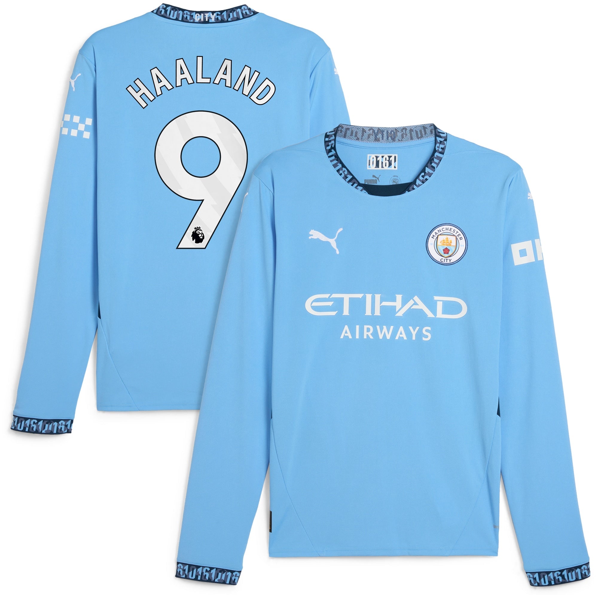 Manchester City PUMA Home Shirt 2024-25 - Long Sleeve with Haaland 9 printing Jersey - Blue Official Team Jersey Sports Fan Apparel