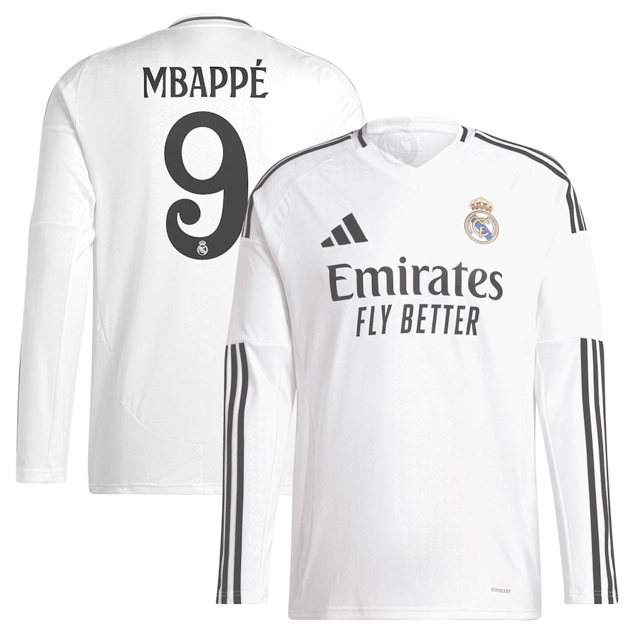 Kylian Mbappé 9 Real Madrid adidas 2024 25 Home Long Sleeve Player Jersey - White Official Team Jersey Sports Fan Apparel